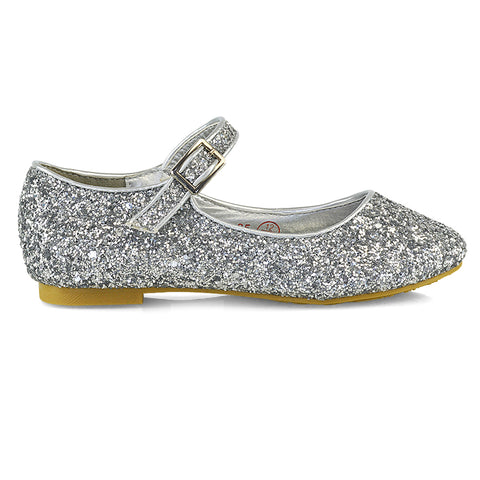 Lucy Kids Flat Buckle Strap Sparkly Diamante Ballerina Pumps Bridal Shoes In Silver Glitter