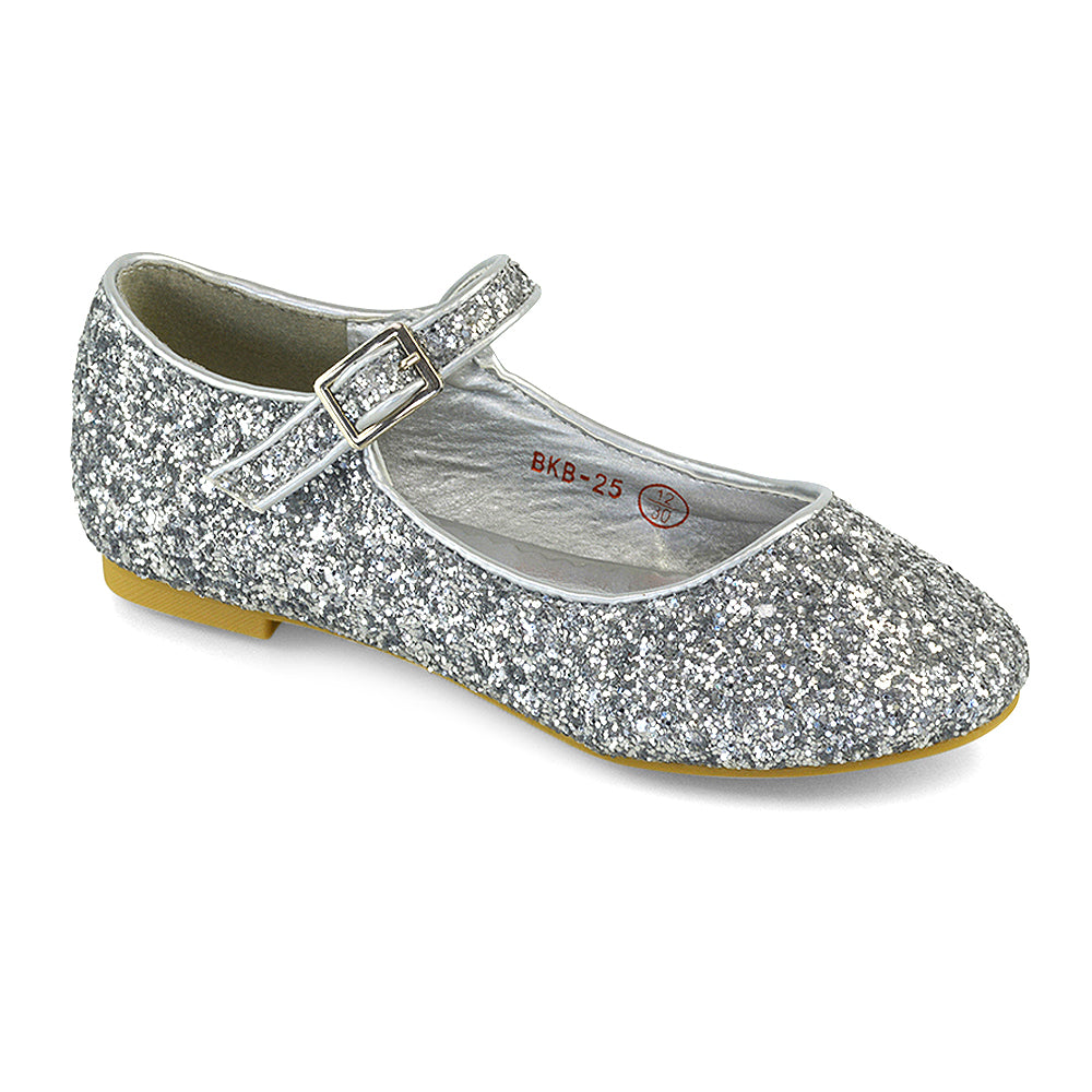 Lucy Kids Flat Buckle Strap Sparkly Diamante Ballerina Pumps Bridal Shoes In Silver Glitter