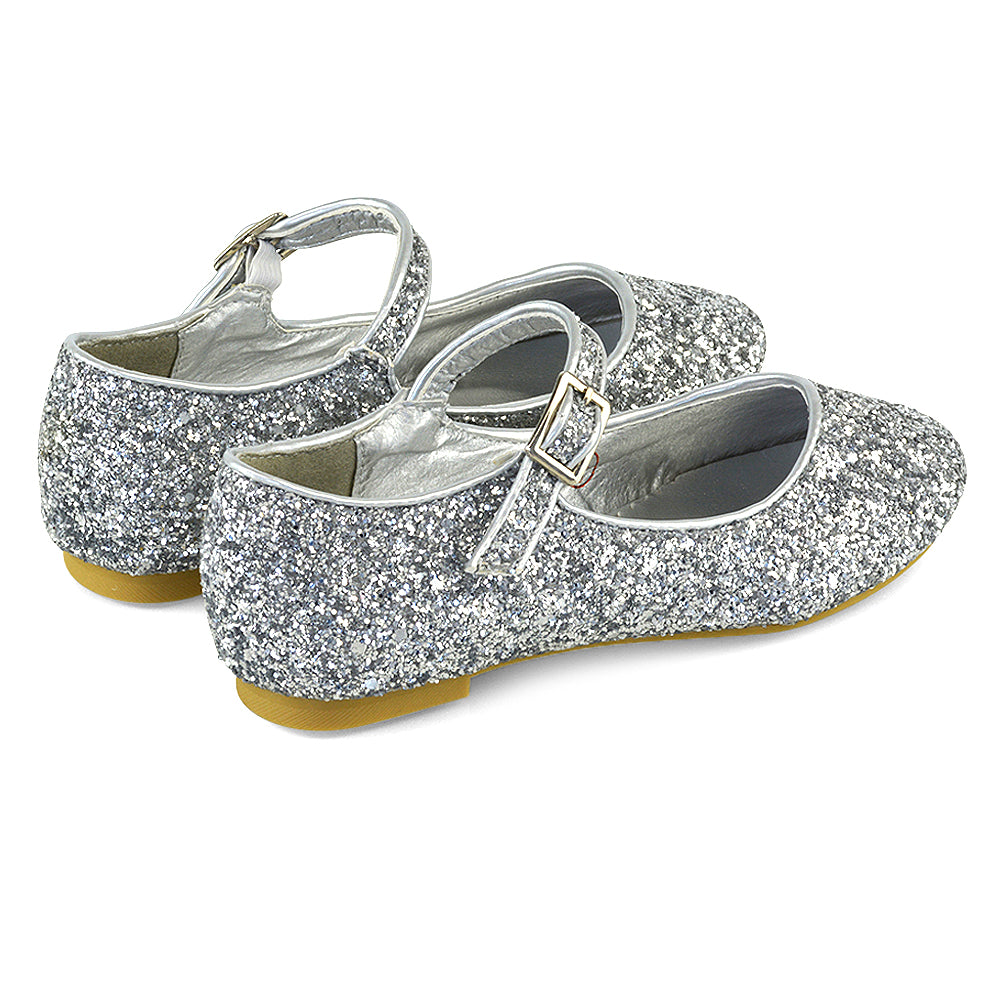 Lucy Kids Flat Buckle Strap Sparkly Diamante Ballerina Pumps Bridal Shoes In Black Glitter