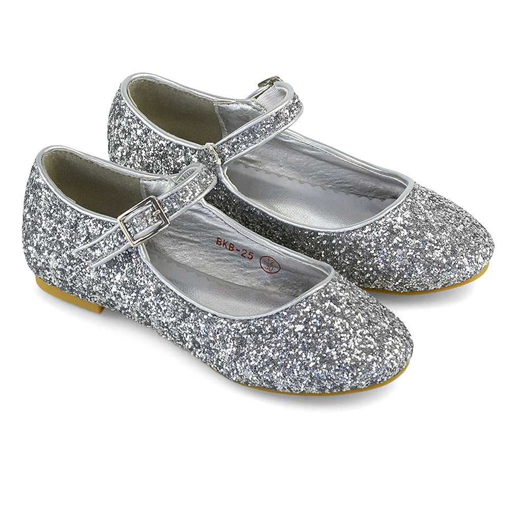 Lucy Kids Flat Buckle Strap Sparkly Diamante Ballerina Pumps Bridal Shoes In Pink Glitter