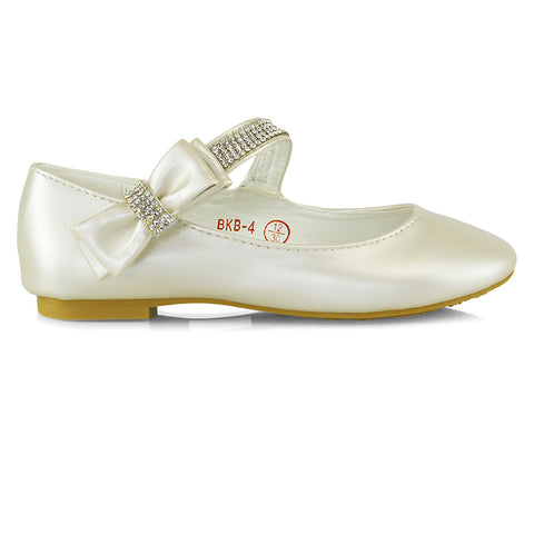 Lilo Kids Flat Bow Detail Diamante Embellished Detail Front Strap Wedding Ballerina Pump Shoes In Ivory