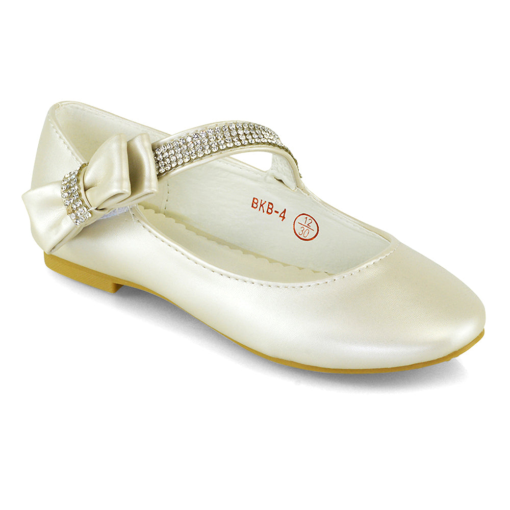 Lilo Kids Flat Bow Detail Diamante Embellished Detail Front Strap Wedding Ballerina Pump Shoes In Ivory