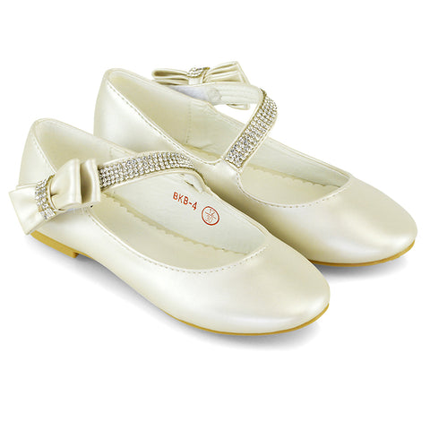 Lilo Kids Flat Bow Detail Diamante Embellished Detail Front Strap Wedding Ballerina Pump Shoes In Ivory