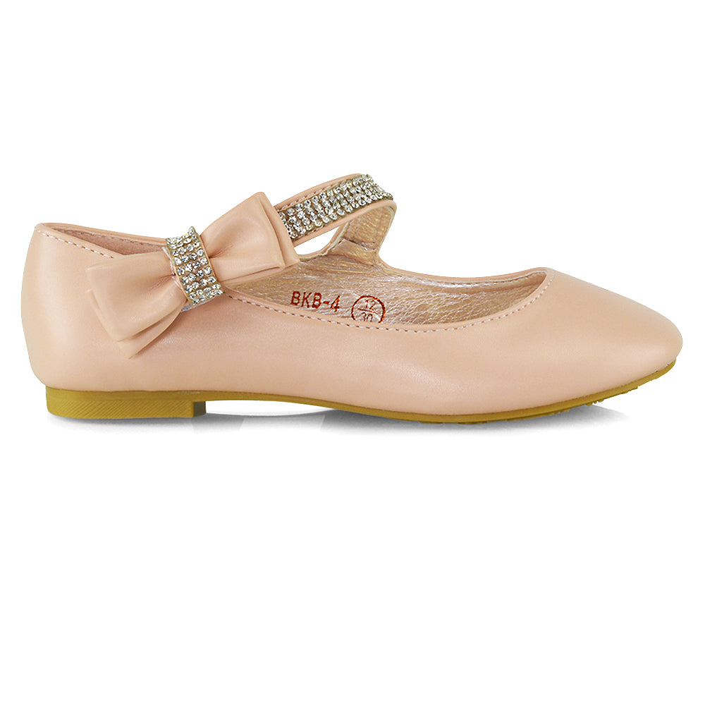 Lilo Kids Flat Bow Detail Diamante Embellished Detail Front Strap Wedding Ballerina Pump Shoes In Rose Gold