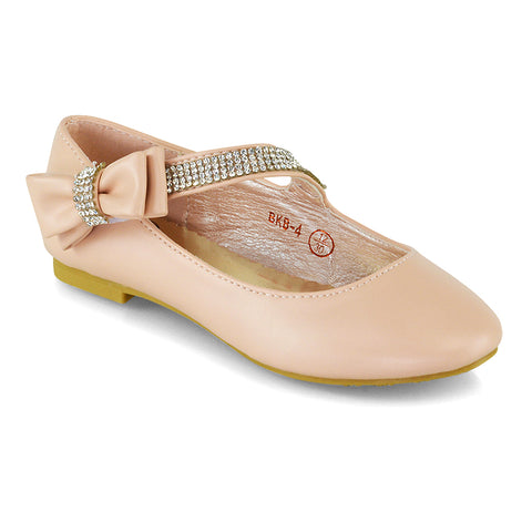 Lilo Kids Flat Bow Detail Diamante Embellished Detail Front Strap Wedding Ballerina Pump Shoes In Pink