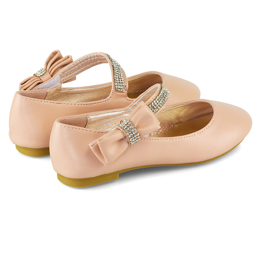 Lilo Kids Flat Bow Detail Diamante Embellished Detail Front Strap Wedding Ballerina Pump Shoes In Rose Gold