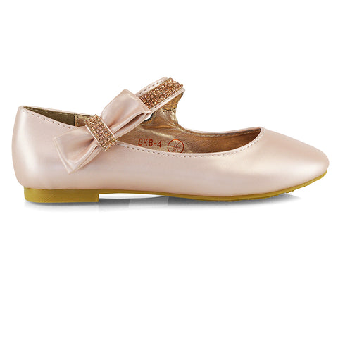 Lilo Kids Flat Bow Detail Diamante Embellished Detail Front Strap Wedding Ballerina Pump Shoes In Rose Gold