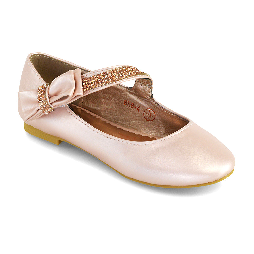 Lilo Kids Flat Bow Detail Diamante Embellished Detail Front Strap Wedding Ballerina Pump Shoes In Ivory