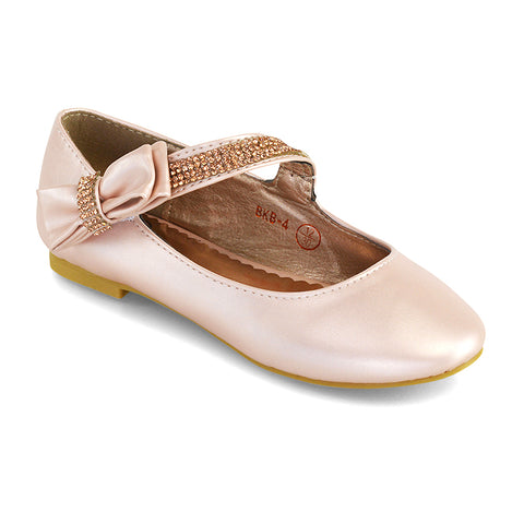 Lilo Kids Flat Bow Detail Diamante Embellished Detail Front Strap Wedding Ballerina Pump Shoes In Pink
