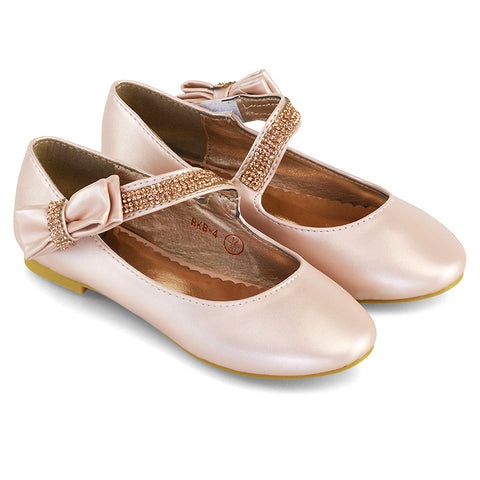 Lilo Kids Flat Bow Detail Diamante Embellished Detail Front Strap Wedding Ballerina Pump Shoes In Rose Gold
