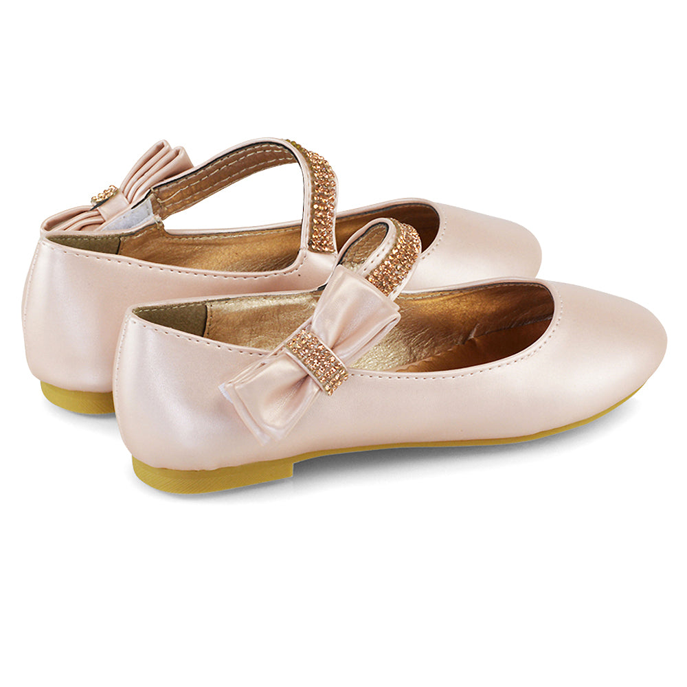 Lilo Kids Flat Bow Detail Diamante Embellished Detail Front Strap Wedding Ballerina Pump Shoes In Rose Gold
