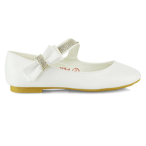 Lilo Kids Flat Bow Detail Diamante Embellished Detail Front Strap Wedding Ballerina Pump Shoes In White