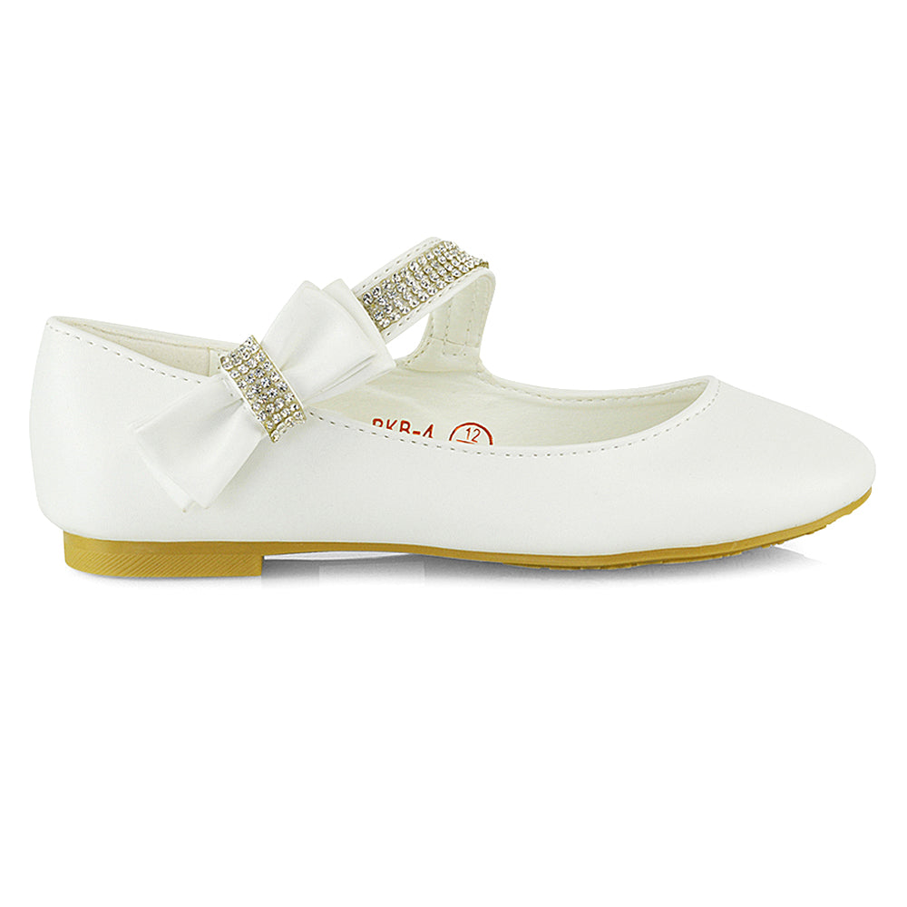 Lilo Kids Flat Bow Detail Diamante Embellished Detail Front Strap Wedding Ballerina Pump Shoes In Ivory