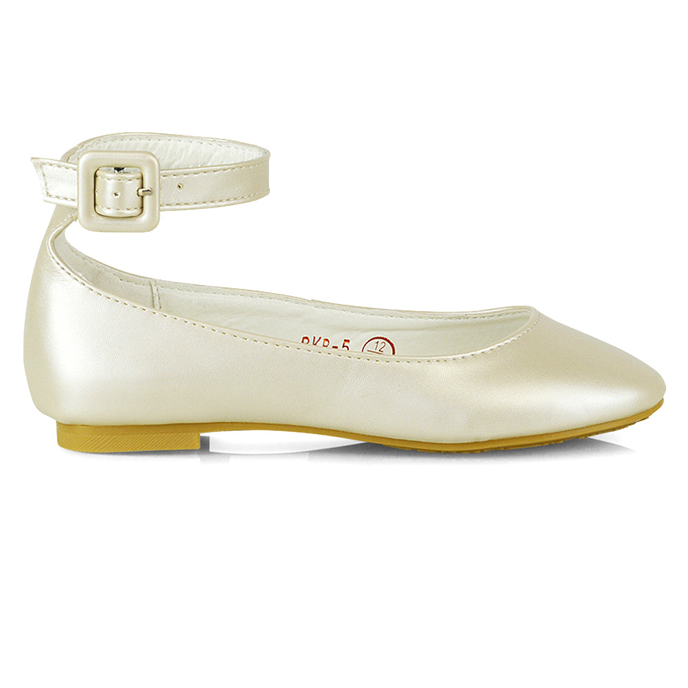 Milo Kids Ankle Strap Buckle up Flat Heel Ballerina Pumps Wedding Bridal Shoes in Rose Gold