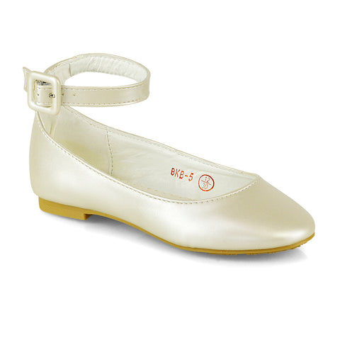 Milo Kids Ankle Strap Buckle up Flat Heel Ballerina Pumps Wedding Bridal Shoes in Ivory
