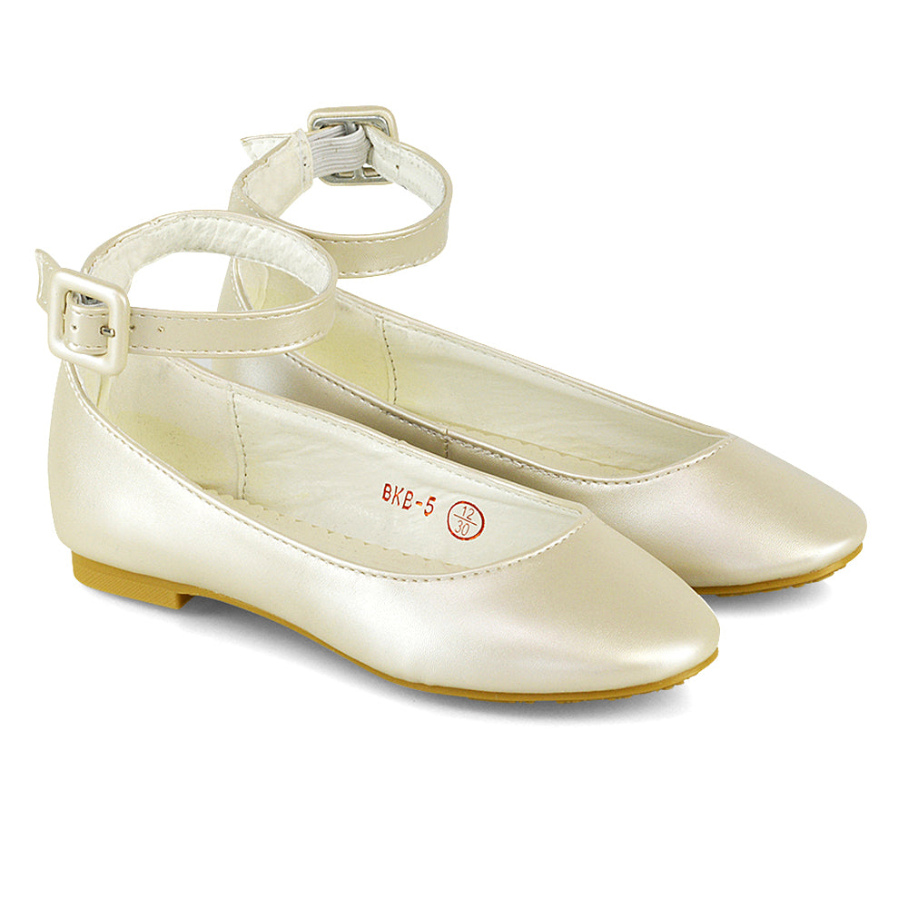 Milo Kids Ankle Strap Buckle up Flat Heel Ballerina Pumps Wedding Bridal Shoes in Silver