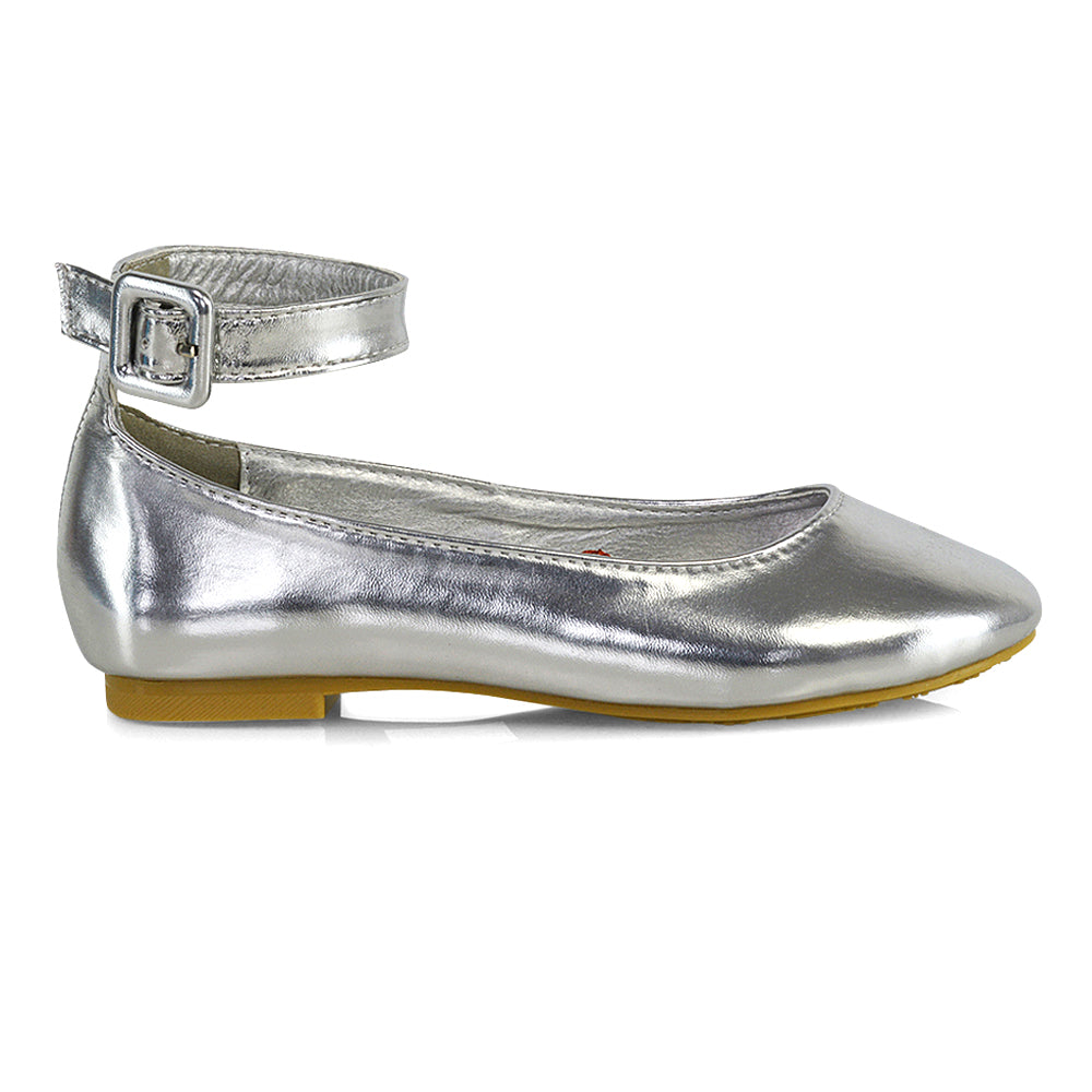 Milo Kids Ankle Strap Buckle up Flat Heel Ballerina Pumps Wedding Bridal Shoes in Silver