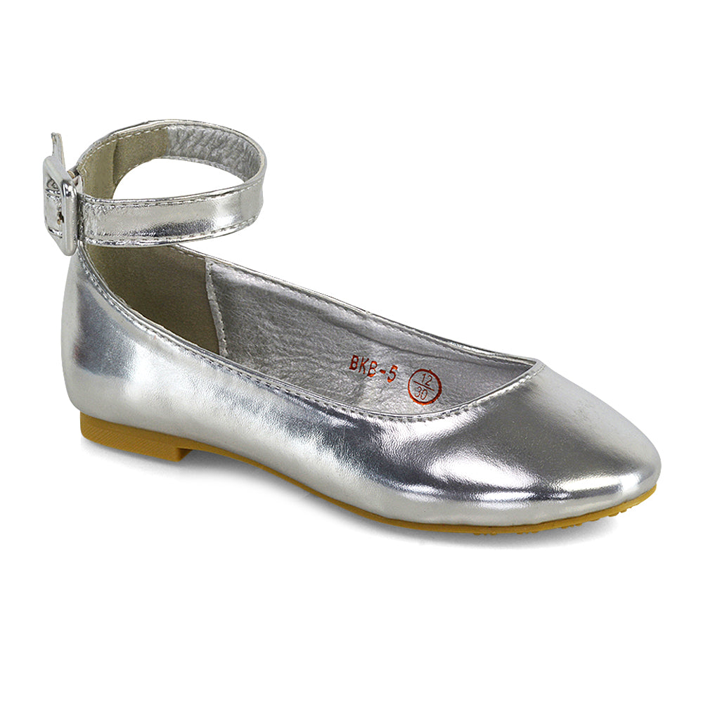 Milo Kids Ankle Strap Buckle up Flat Heel Ballerina Pumps Wedding Bridal Shoes in Silver