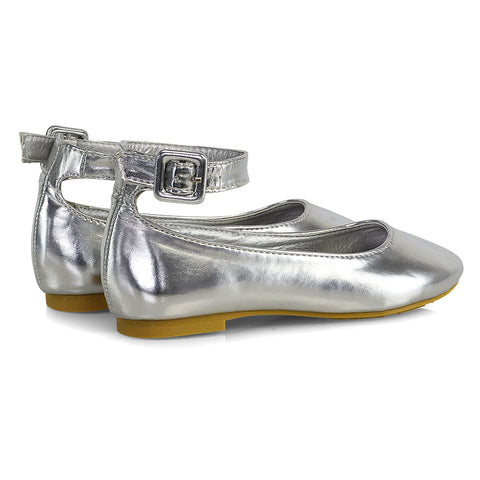 Milo Kids Ankle Strap Buckle up Flat Heel Ballerina Pumps Wedding Bridal Shoes in Silver