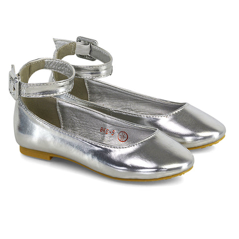Milo Kids Ankle Strap Buckle up Flat Heel Ballerina Pumps Wedding Bridal Shoes in Silver