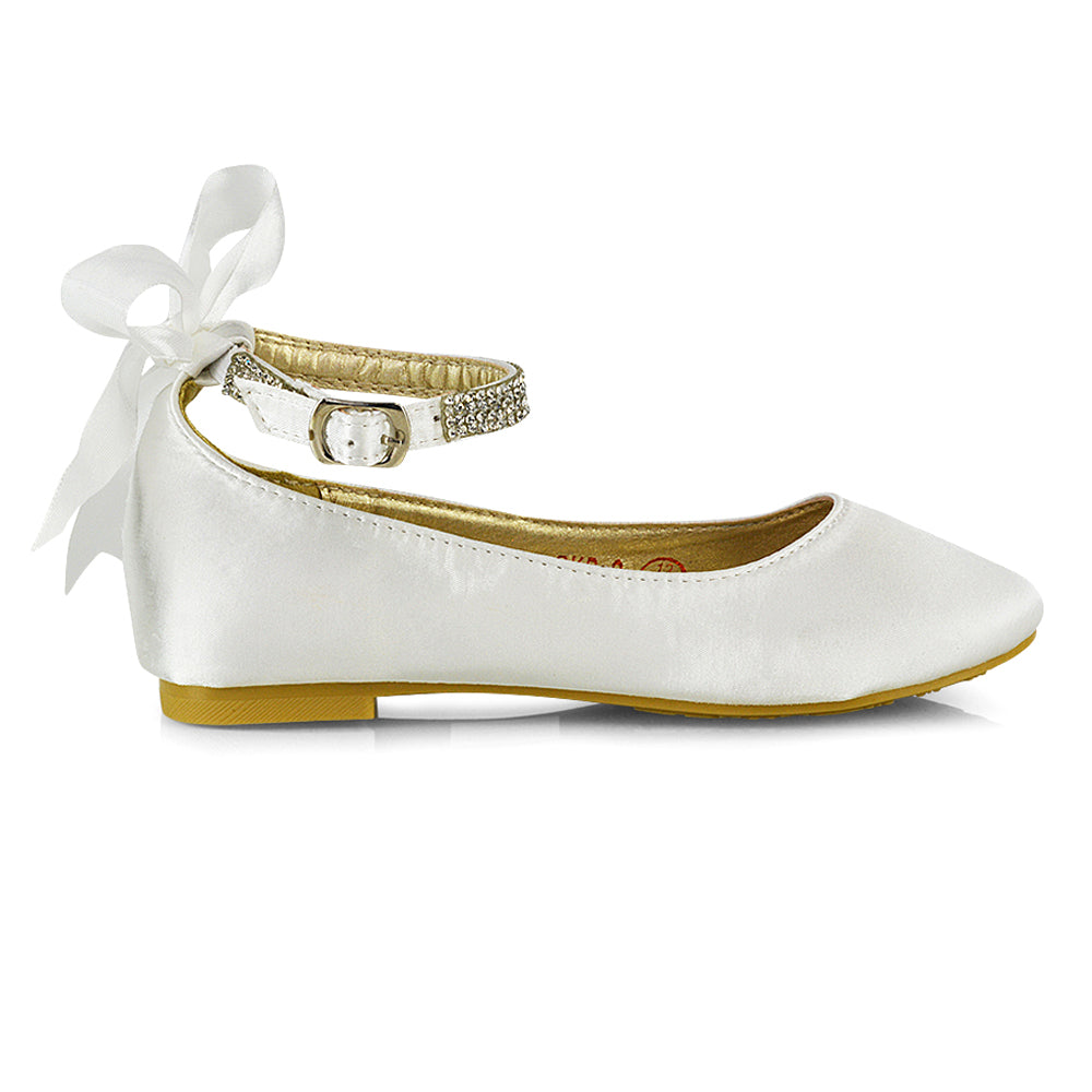 Fifi Bow Detail Embellished Sparkly Ankle Strap Diamante Flat Ballerina Pumps In Ivory Satin