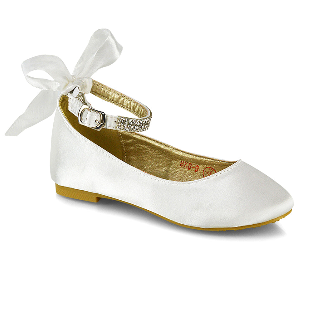 Fifi Bow Detail Embellished Sparkly Ankle Strap Diamante Flat Ballerina Pumps In White Satin