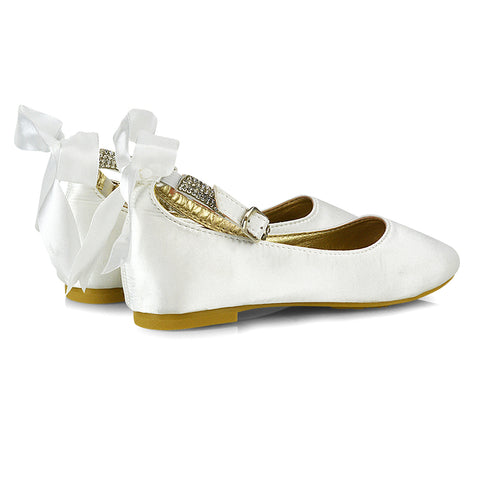 Fifi Bow Detail Embellished Sparkly Ankle Strap Diamante Flat Ballerina Pumps In White Satin