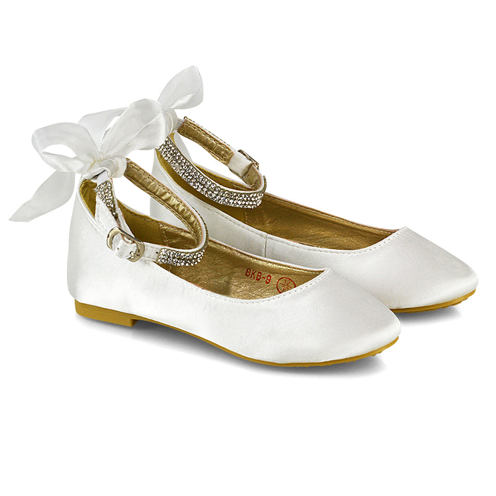 Fifi Bow Detail Embellished Sparkly Ankle Strap Diamante Flat Ballerina Pumps In Ivory Satin