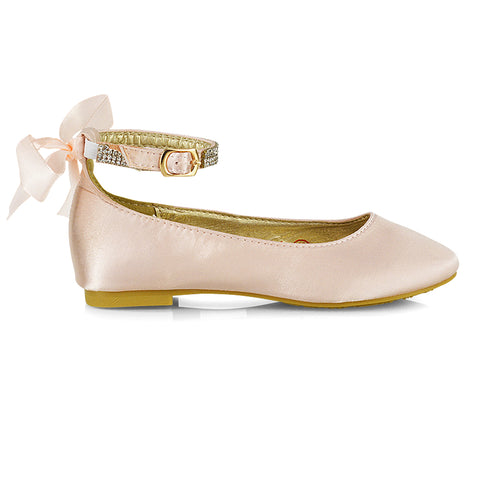 Fifi Bow Detail Embellished Sparkly Ankle Strap Diamante Flat Ballerina Pumps In Pink Satin