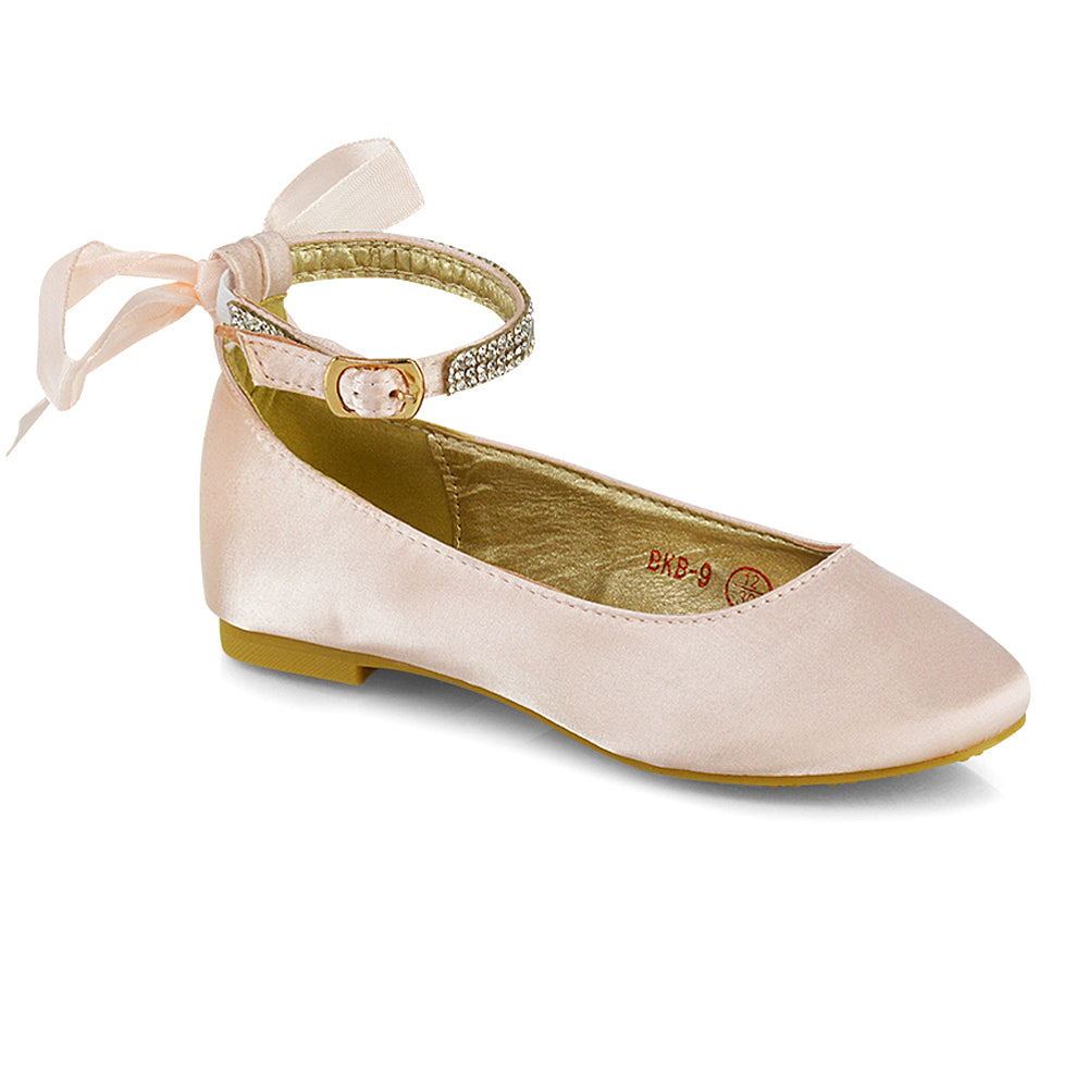 Fifi Bow Detail Embellished Sparkly Ankle Strap Diamante Flat Ballerina Pumps In Pink Satin