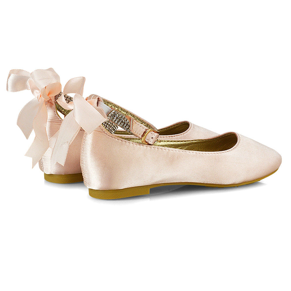 Fifi Bow Detail Embellished Sparkly Ankle Strap Diamante Flat Ballerina Pumps In White Satin