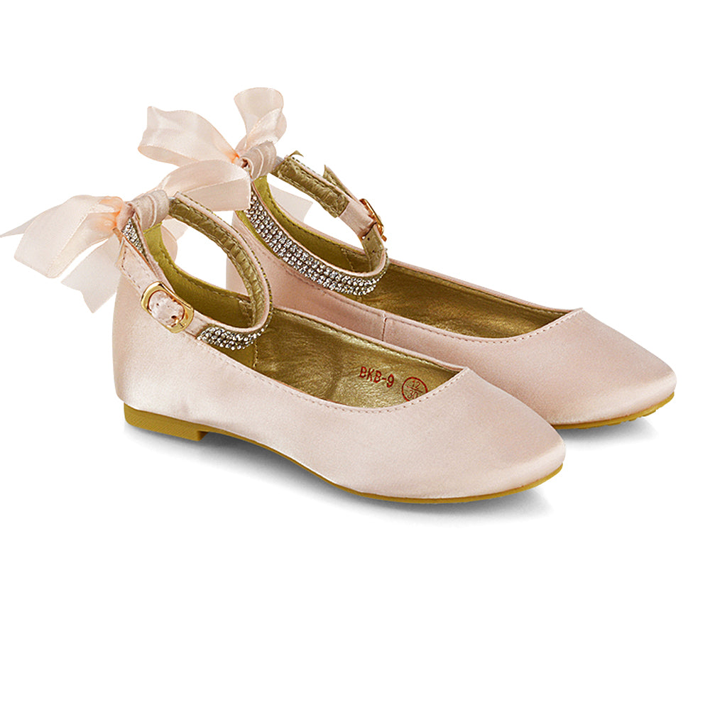 Fifi Bow Detail Embellished Sparkly Ankle Strap Diamante Flat Ballerina Pumps In Pink Satin