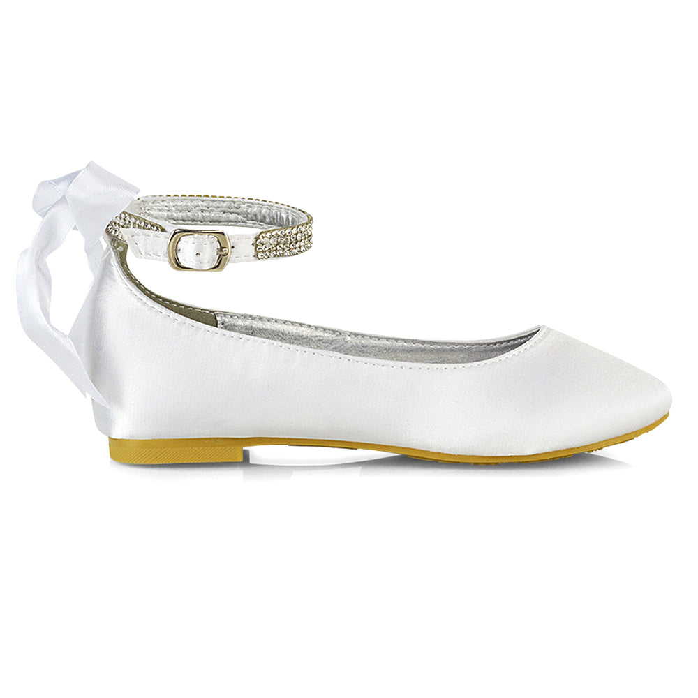 Fifi Bow Detail Embellished Sparkly Ankle Strap Diamante Flat Ballerina Pumps In White Satin
