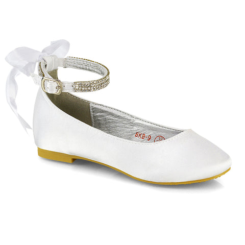 Fifi Bow Detail Embellished Sparkly Ankle Strap Diamante Flat Ballerina Pumps In White Satin