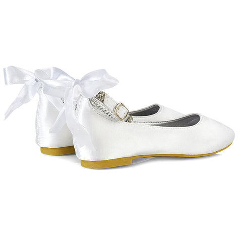 Fifi Bow Detail Embellished Sparkly Ankle Strap Diamante Flat Ballerina Pumps In White Satin