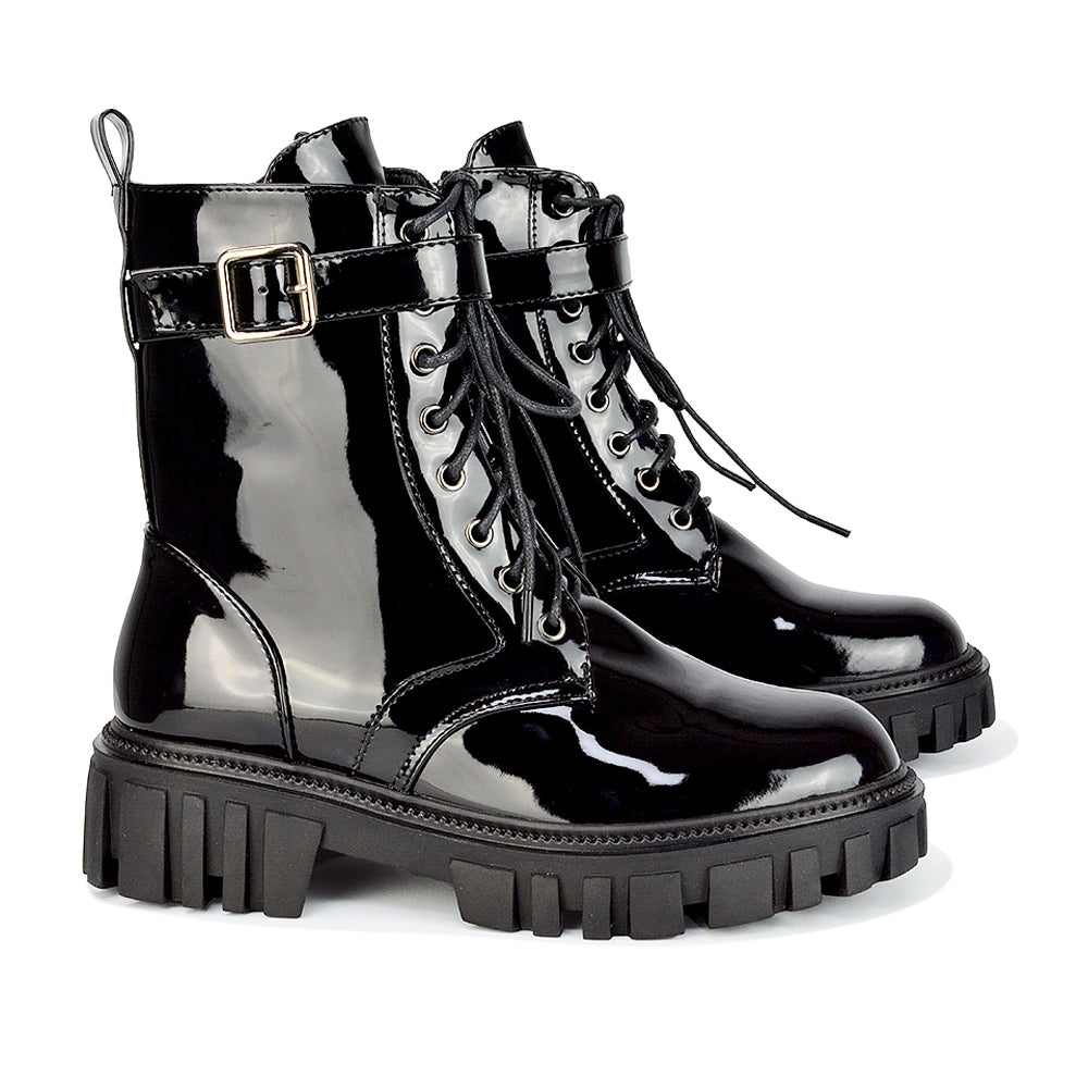 Izzy Buckle up Biker Military Lace up Ankle Boots in Black Patent