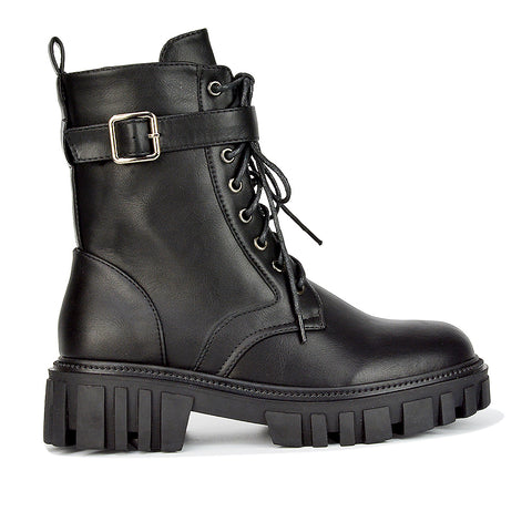 Izzy Buckle up Biker Military Lace up Ankle Boots in Black Patent