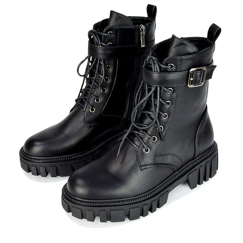 Izzy Buckle up Biker Military Lace up Ankle Boots in Black Patent