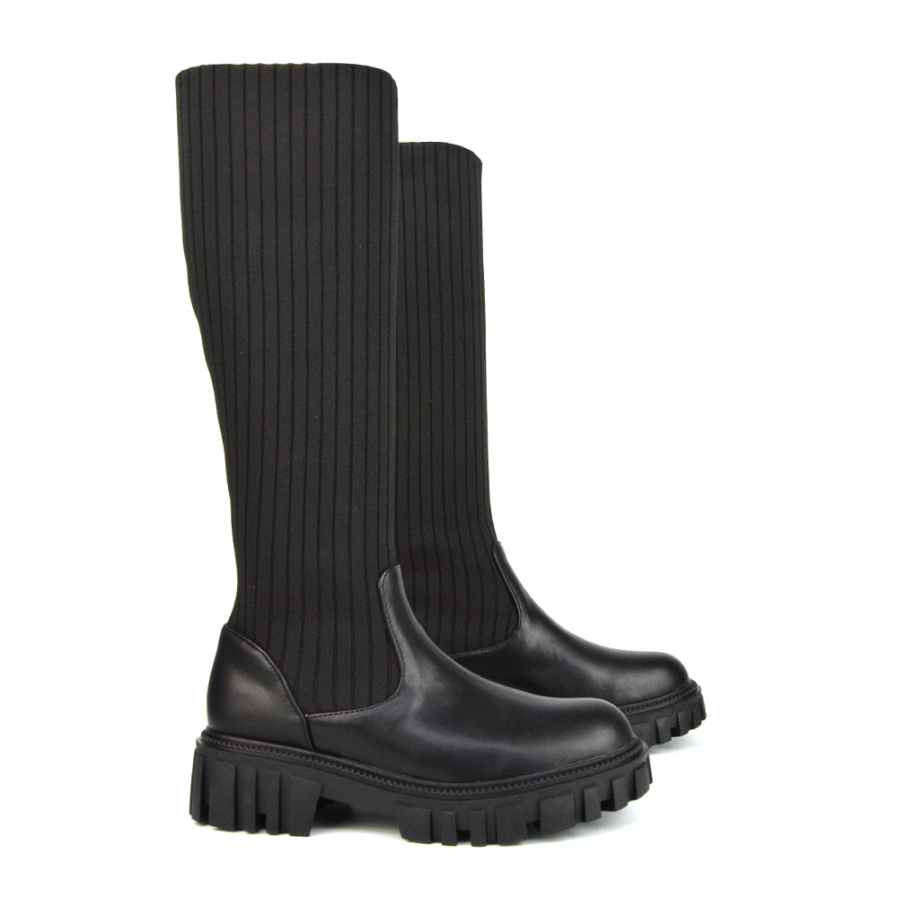 Kirsty Knitted Sock Knee High Boots with Chunky Sole in Black Synthetic Leather