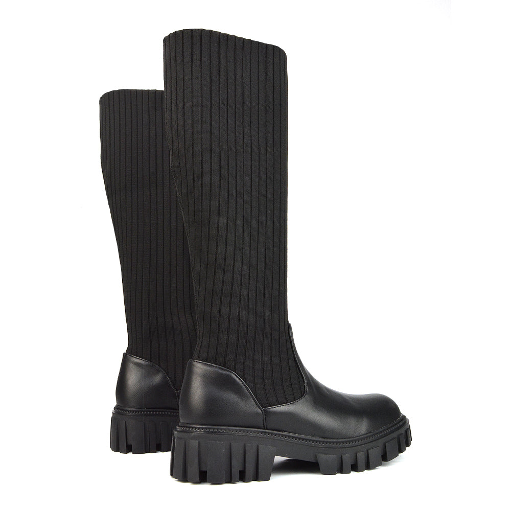 Kirsty Knitted Sock Knee High Boots with Chunky Sole in Black Synthetic Leather