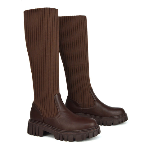 Kirsty Knitted Sock Knee High Boots with Chunky Sole in Brown Synthetic Leather