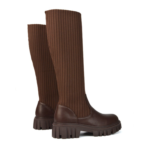 Kirsty Knitted Sock Knee High Boots with Chunky Sole in Brown Synthetic Leather