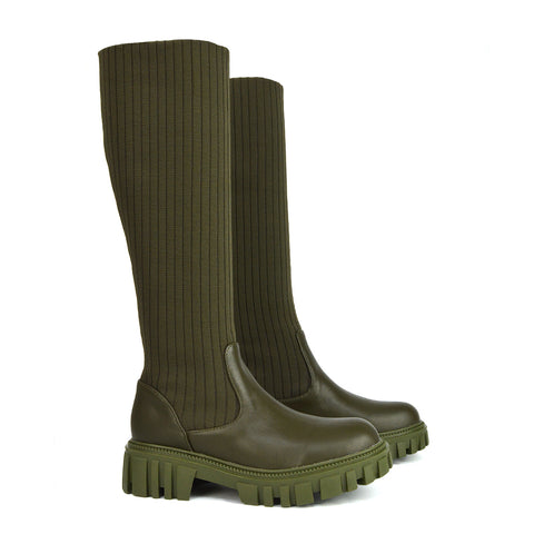 Kirsty Knitted Sock Knee High Boots with Chunky Sole in Khaki Synthetic Leather