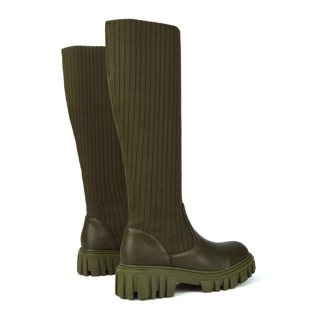 Kirsty Knitted Sock Knee High Boots with Chunky Sole in Khaki Synthetic Leather