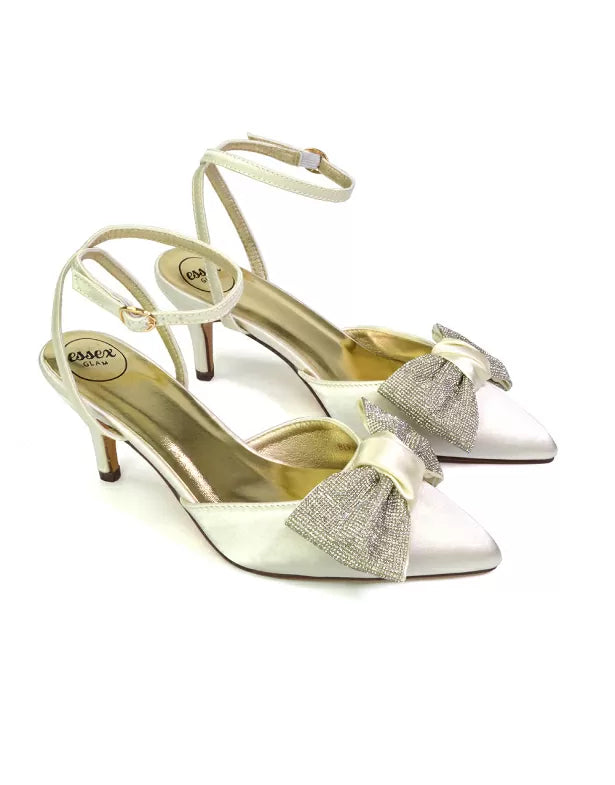 Solene Diamante Bow  Pointed Toe Court Shoes Mid Stiletto Bridal Heels in Silver