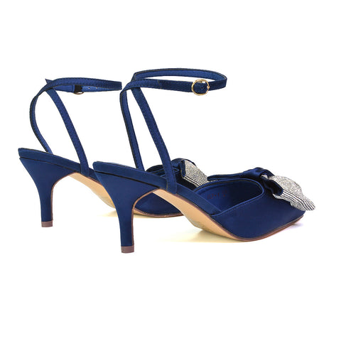 Solene Diamante Bow  Pointed Toe Court Shoes Mid Stiletto Bridal Heels in Navy