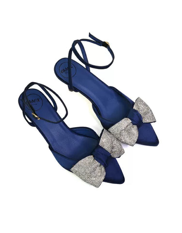 Solene Diamante Bow  Pointed Toe Court Shoes Mid Stiletto Bridal Heels in Navy