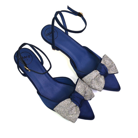 Solene Diamante Bow  Pointed Toe Court Shoes Mid Stiletto Bridal Heels in Navy