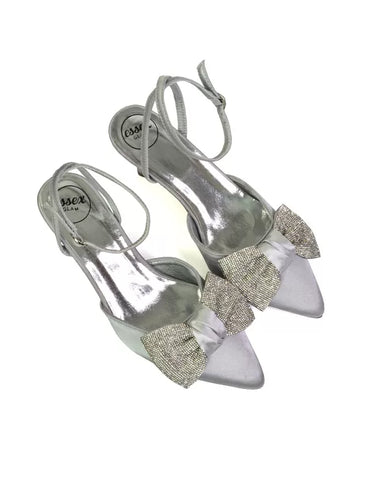 Solene Diamante Bow  Pointed Toe Court Shoes Mid Stiletto Bridal Heels in Silver