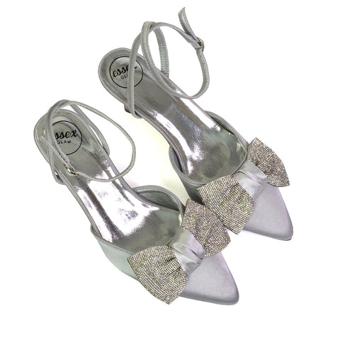 Solene Diamante Bow  Pointed Toe Court Shoes Mid Stiletto Bridal Heels in Silver